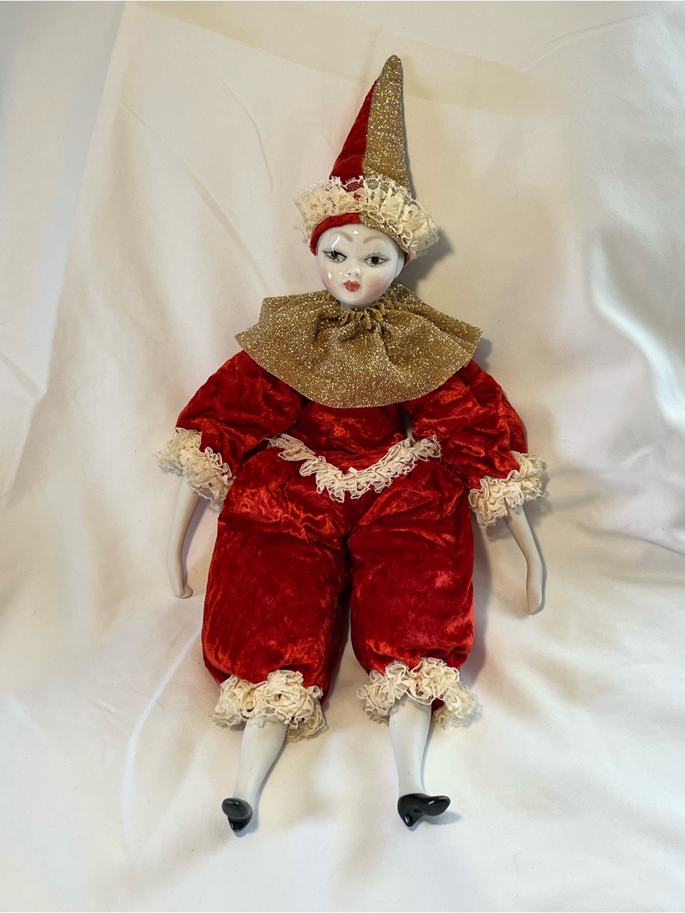 Vtg R. Ingles porcelain hand painted Harlequin Jester Doll made in Spain Velvet